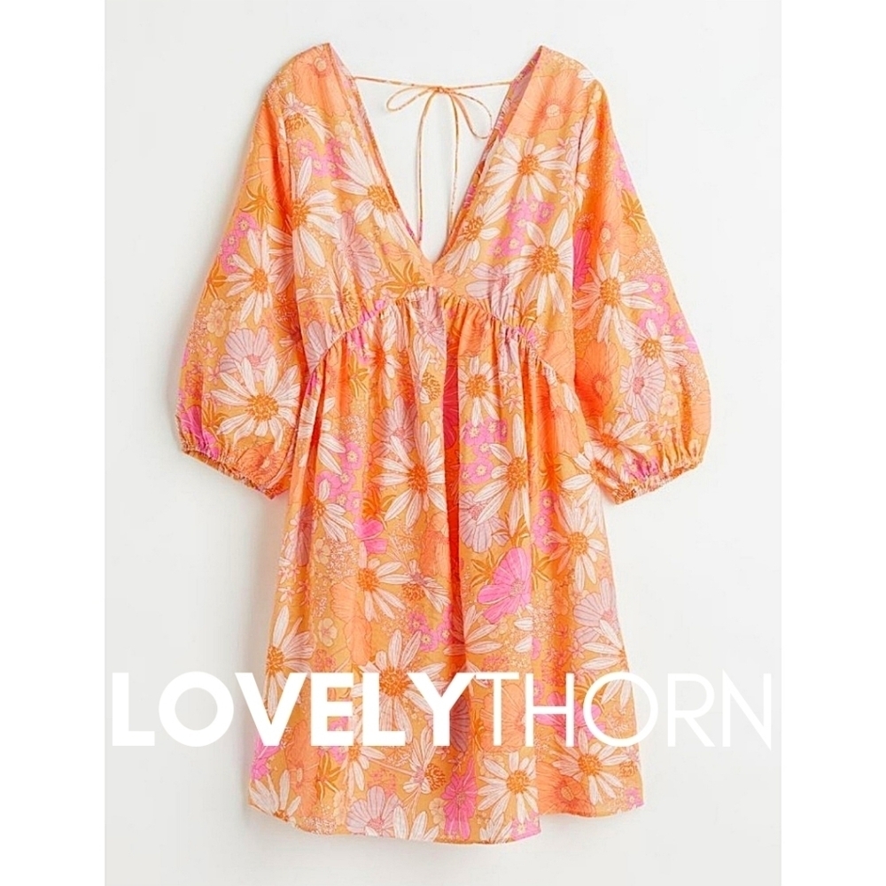H&M // retro 70's floral print plunge open back puff sleeve mini dress - Picture 6 of 7